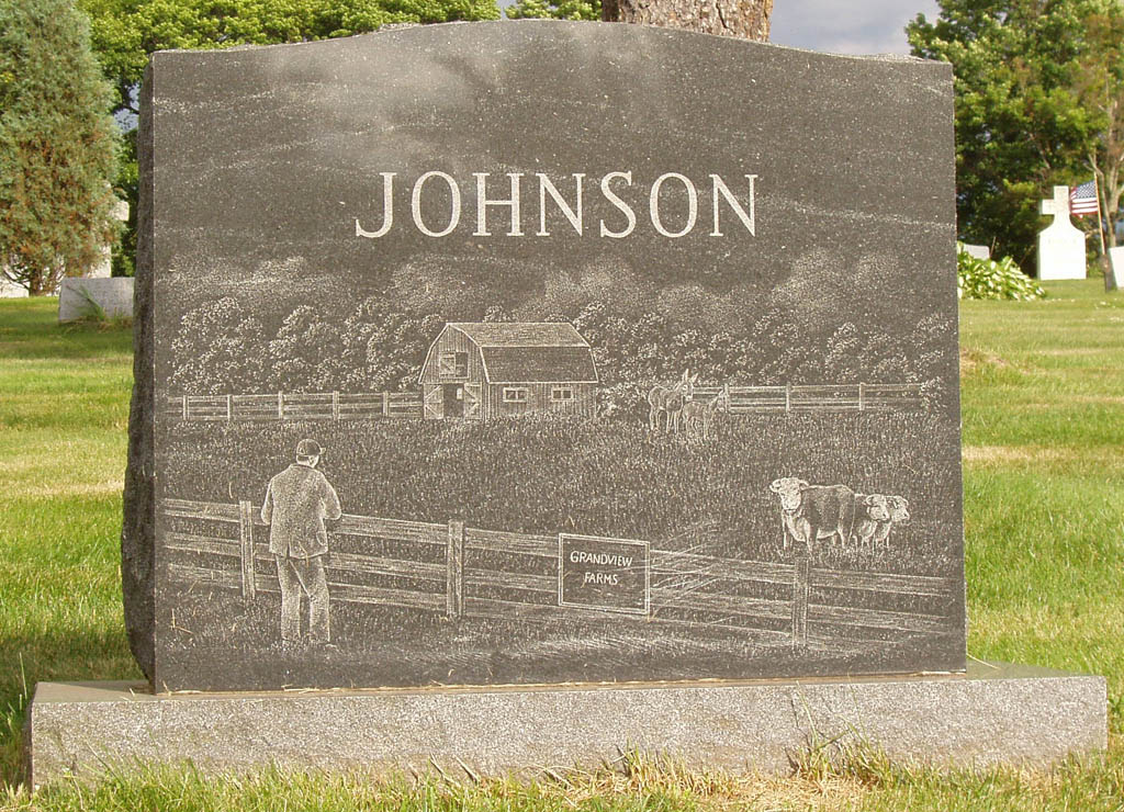 JOHNSON · Grandpa's Farm — laser-etched granite memorial